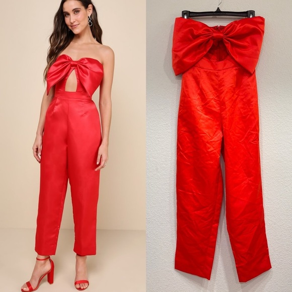 Size XS Lulus Iconic Date Red Satin Bow Cutout‎ Strapless Jumpsuit - Picture 1 of 9